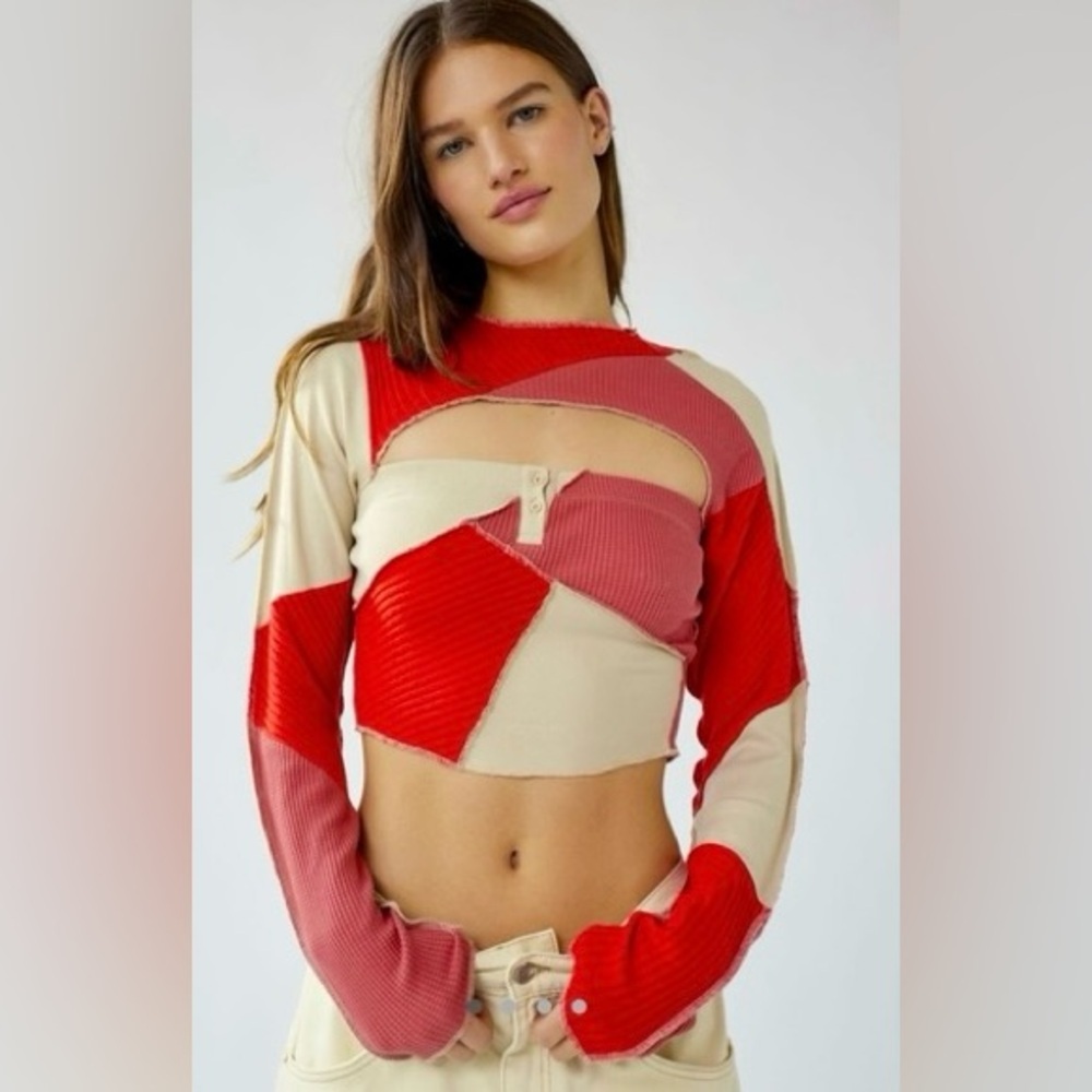 Urban Outfitters Spliced Patchwork Large Cut Out Shrug Artsy Style Red Crop Top